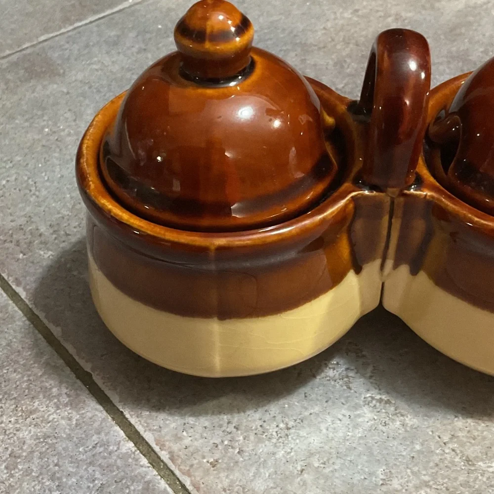 Vintage Brown and Tan Ceramic Condiment Set
